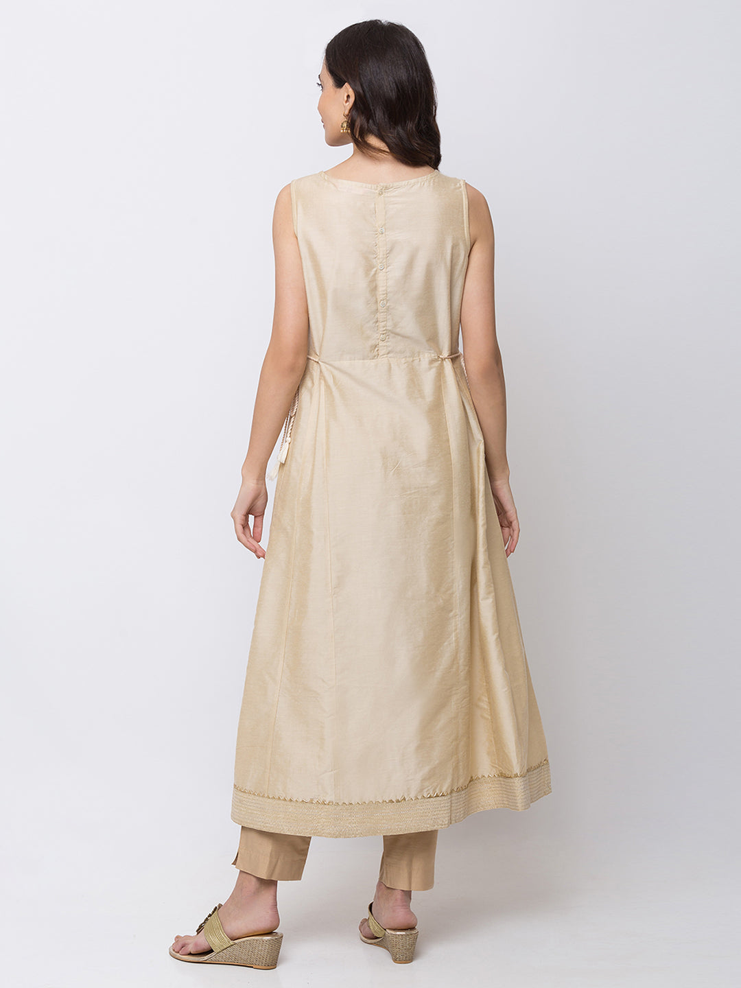 Ethnicity Silky Beige Fit and Flare Long Sleeveless Kurta Tunic with White and Gold Detailing
