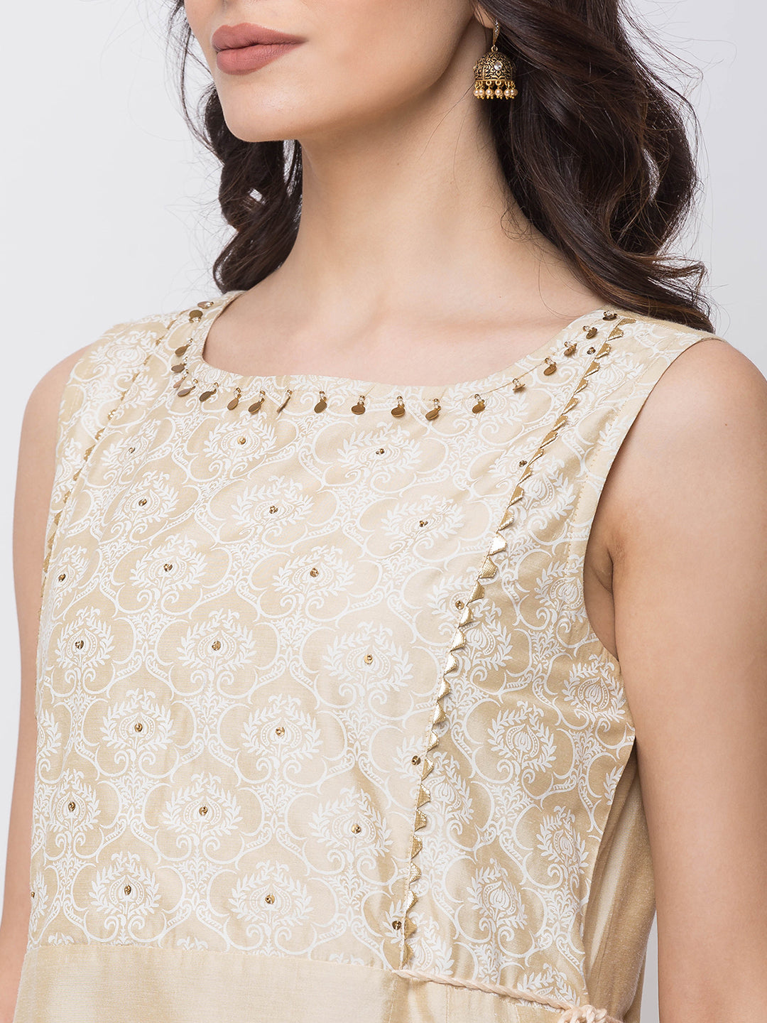Ethnicity Silky Beige Fit and Flare Long Sleeveless Kurta Tunic with White and Gold Detailing