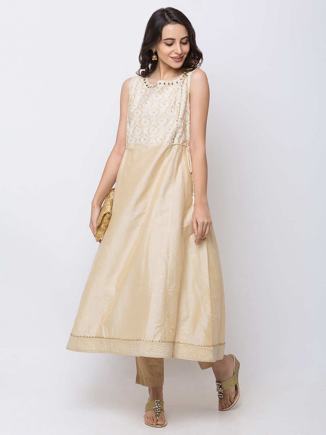 Ethnicity Silky Beige Fit and Flare Long Sleeveless Kurta Tunic with White and Gold Detailing