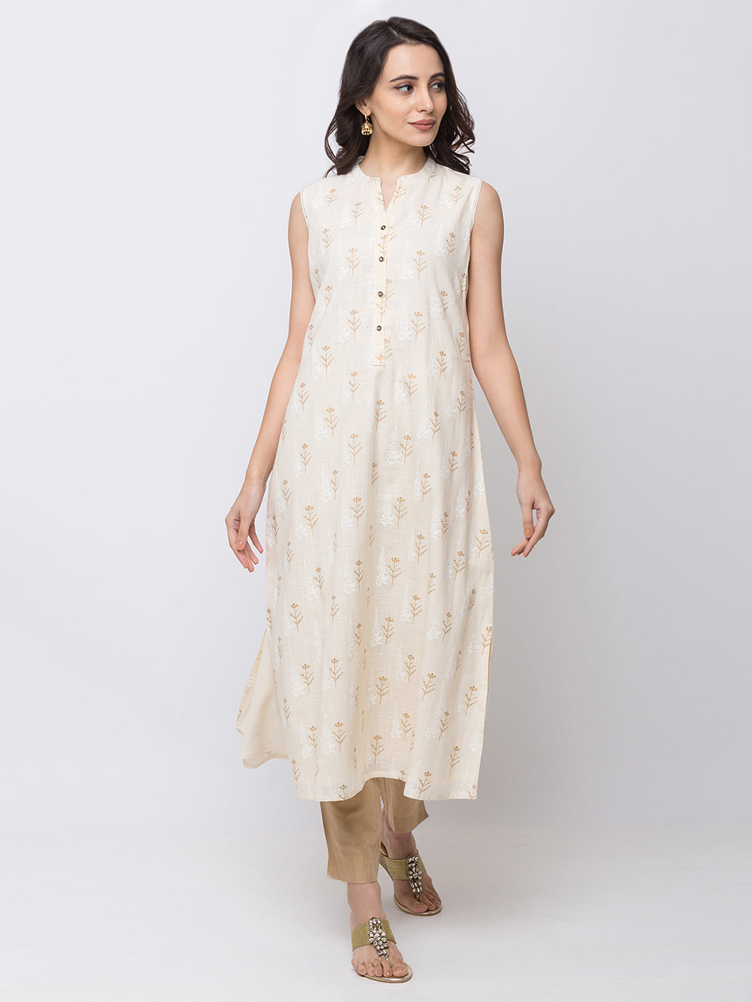 Ethnicity Beige Sleeveless Long A Line Kurta Tunic Flower Print
