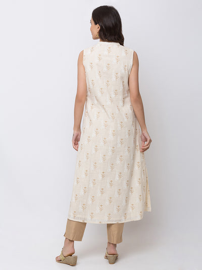 Ethnicity Beige Sleeveless Long A Line Kurta Tunic Flower Print