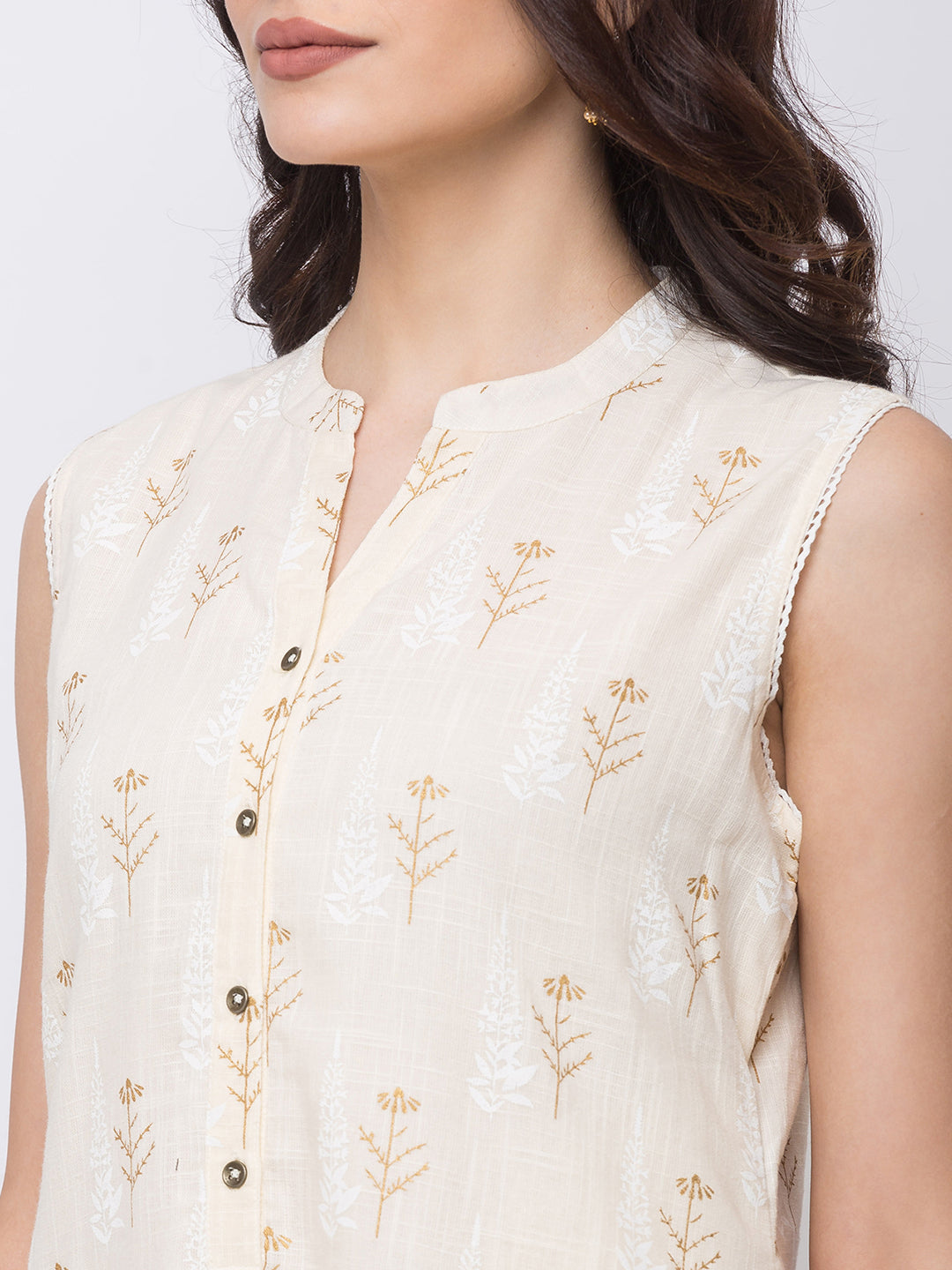 Ethnicity Beige Sleeveless Long A Line Kurta Tunic Flower Print