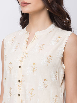 Ethnicity Beige Sleeveless Long A Line Kurta Tunic Flower Print