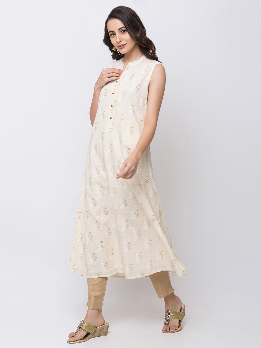 Ethnicity Beige Sleeveless Long A Line Kurta Tunic Flower Print