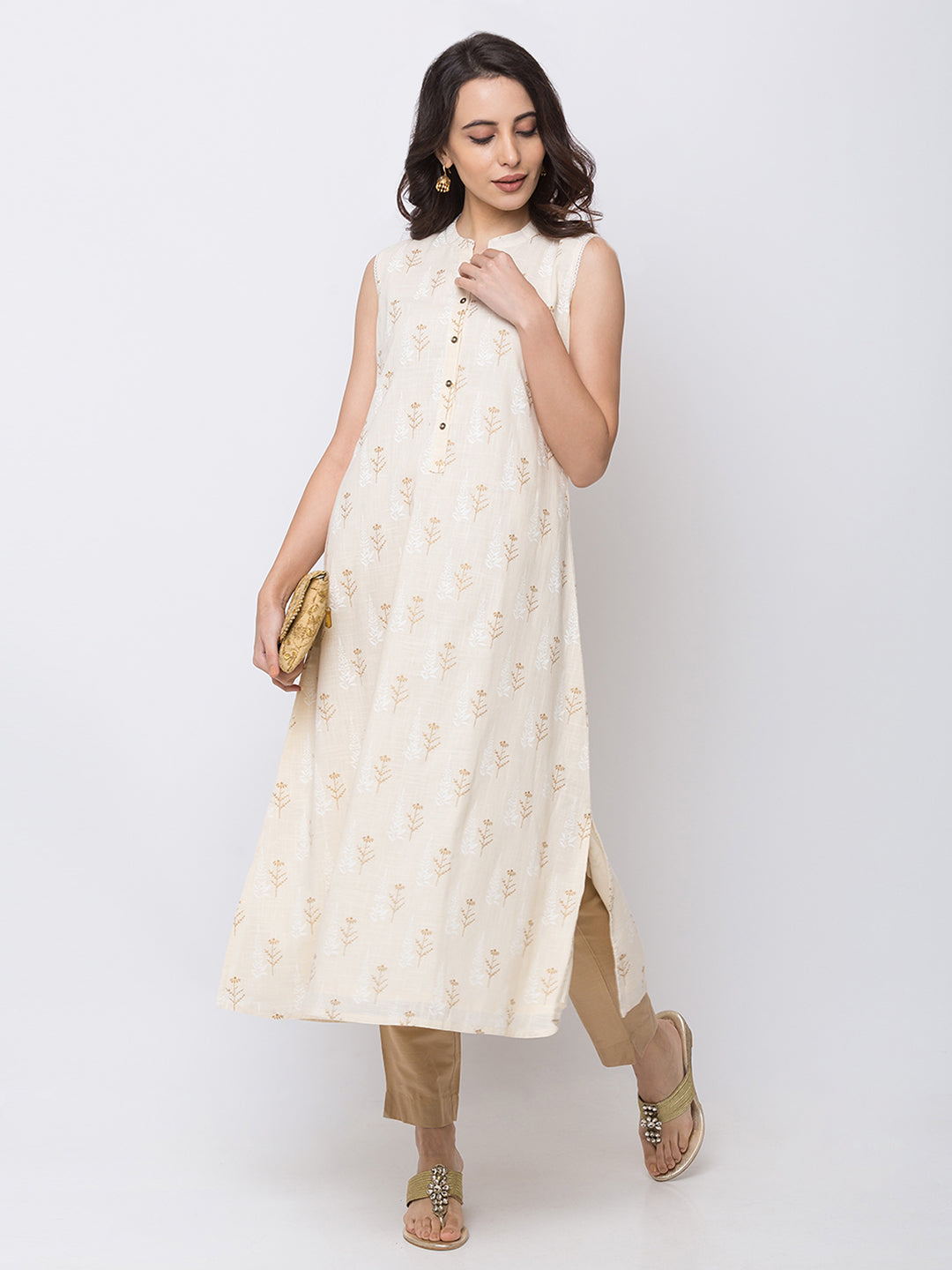 Ethnicity Beige Sleeveless Long A Line Kurta Tunic Flower Print