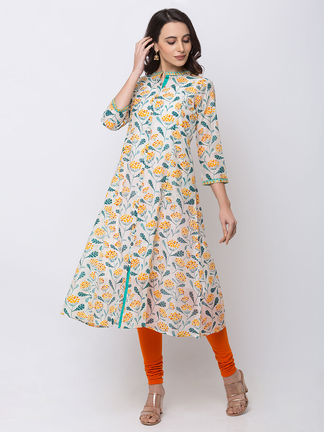 Ethnicity Silky Floral Off-White A Line Kurta Tunic Button-Down Dress