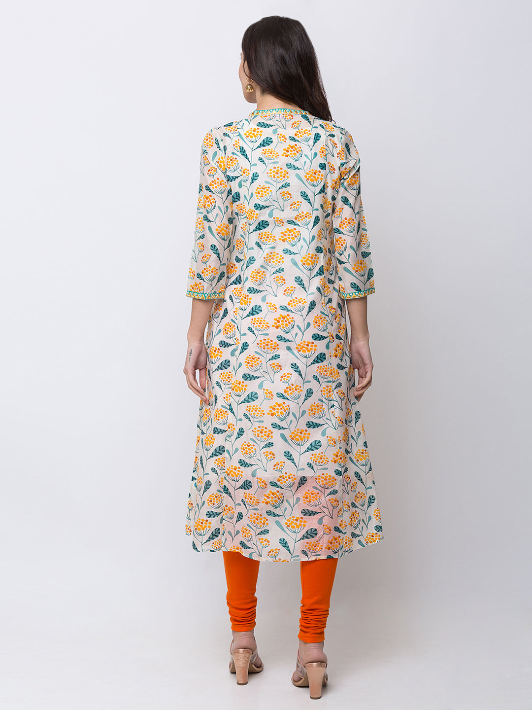 Ethnicity Silky Floral Off-White A Line Kurta Tunic Button-Down Dress