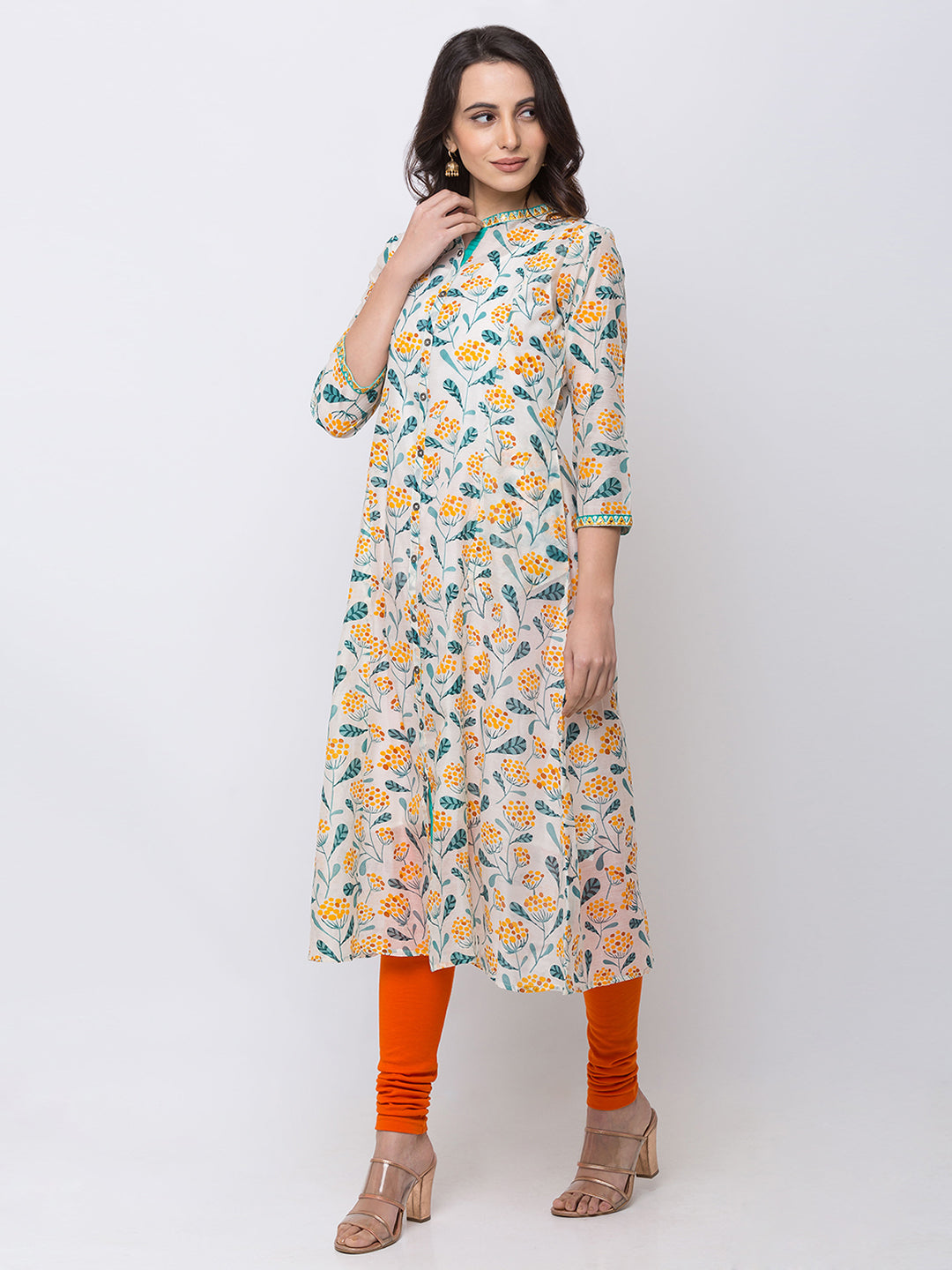 Ethnicity Silky Floral Off-White A Line Kurta Tunic Button-Down Dress