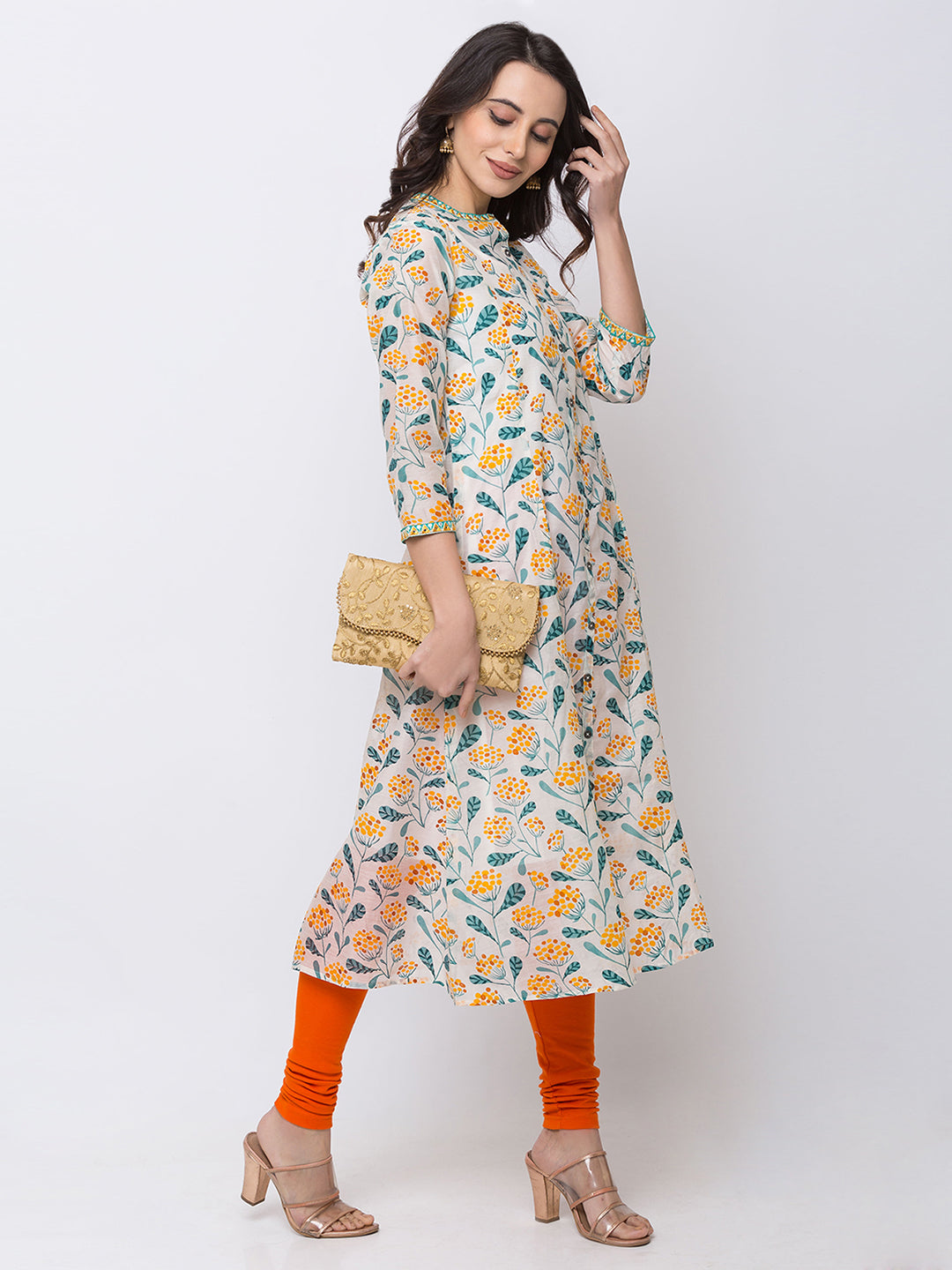 Ethnicity Silky Floral Off-White A Line Kurta Tunic Button-Down Dress