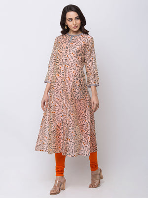 Ethnicity Silky Floral Peach A Line Kurta Tunic Button-Down Dress