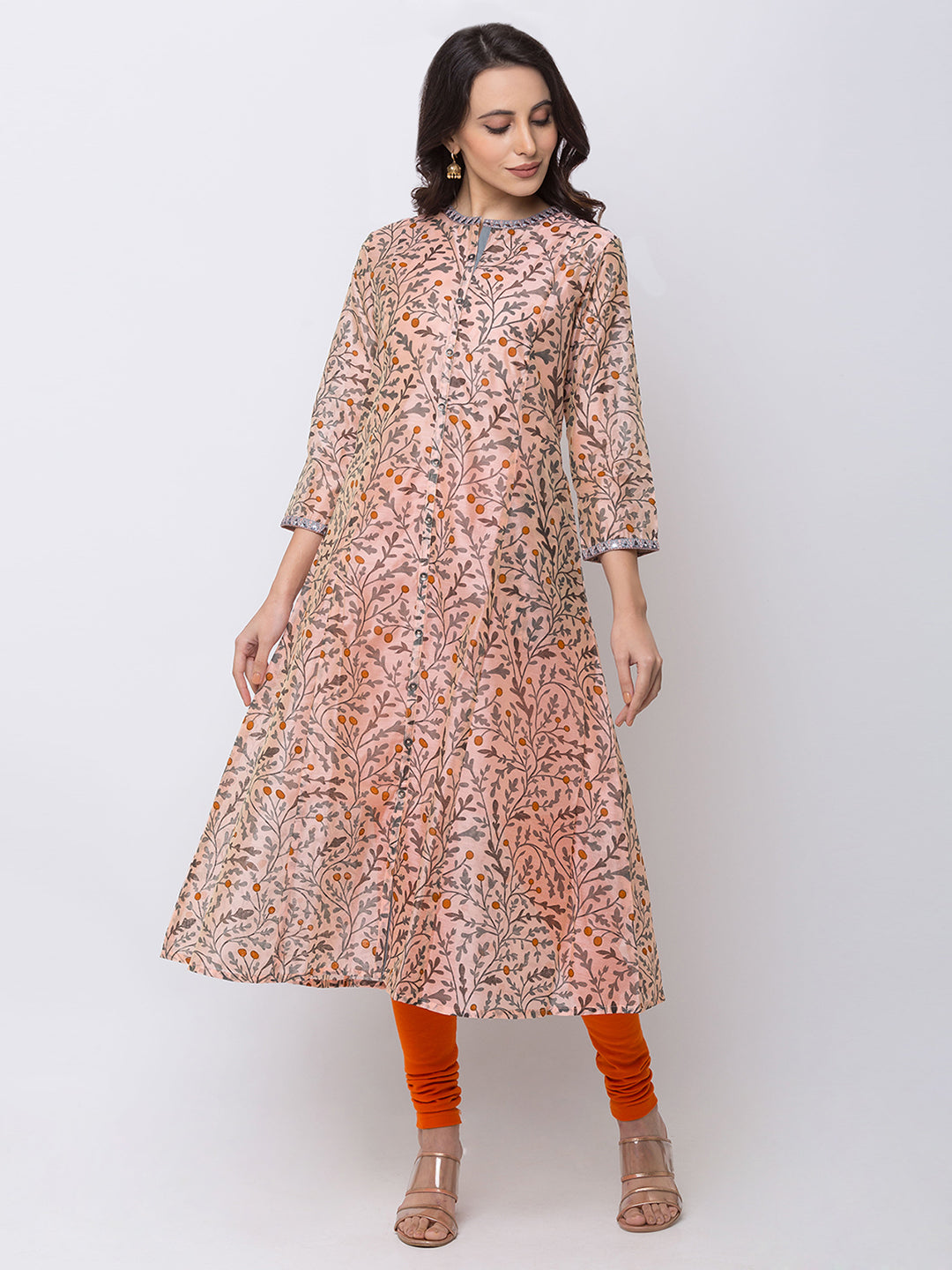 Ethnicity Silky Floral Peach A Line Kurta Tunic Button-Down Dress