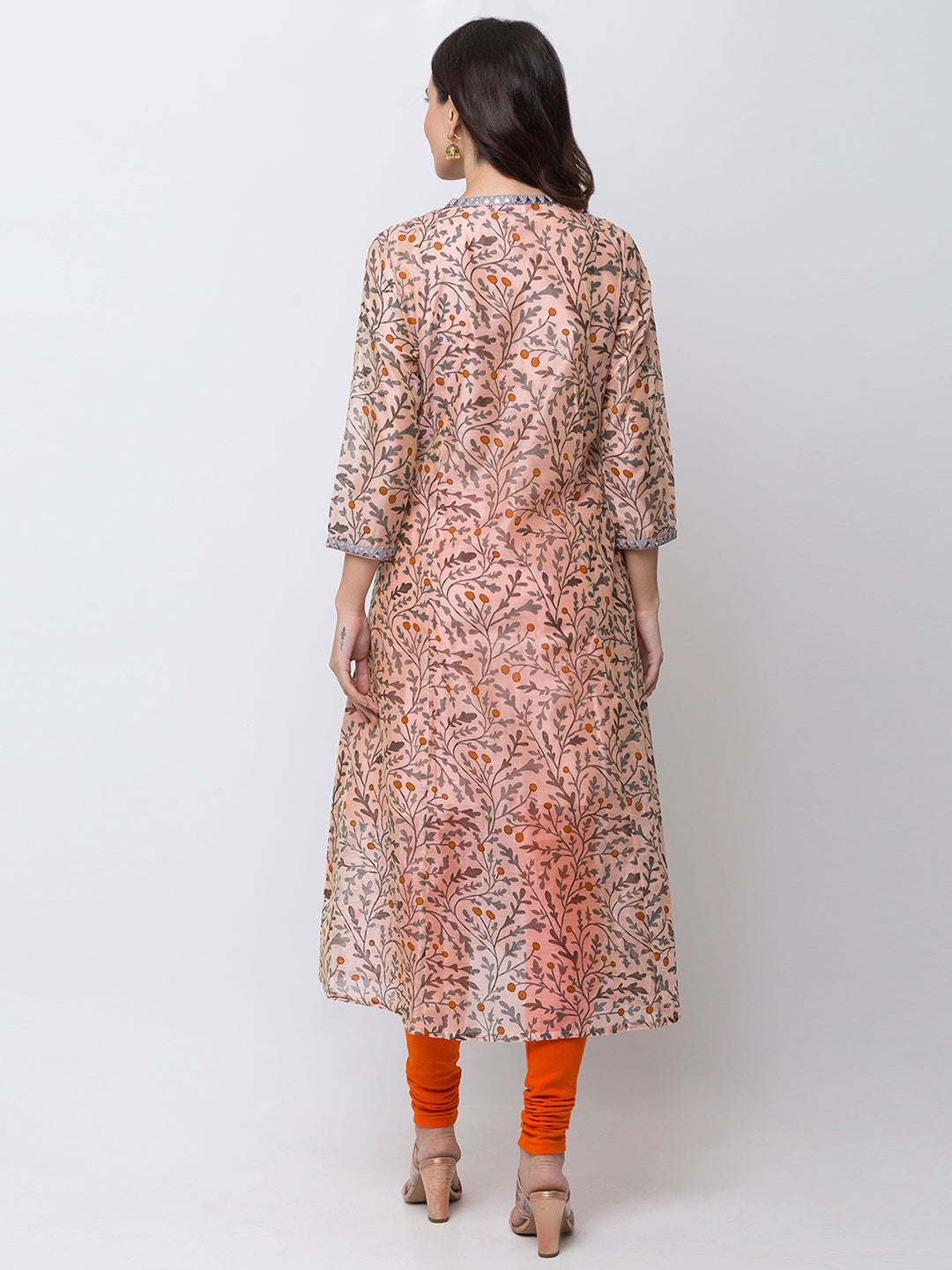 Ethnicity Silky Floral Peach A Line Kurta Tunic Button-Down Dress