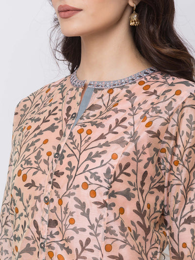 Ethnicity Silky Floral Peach A Line Kurta Tunic Button-Down Dress