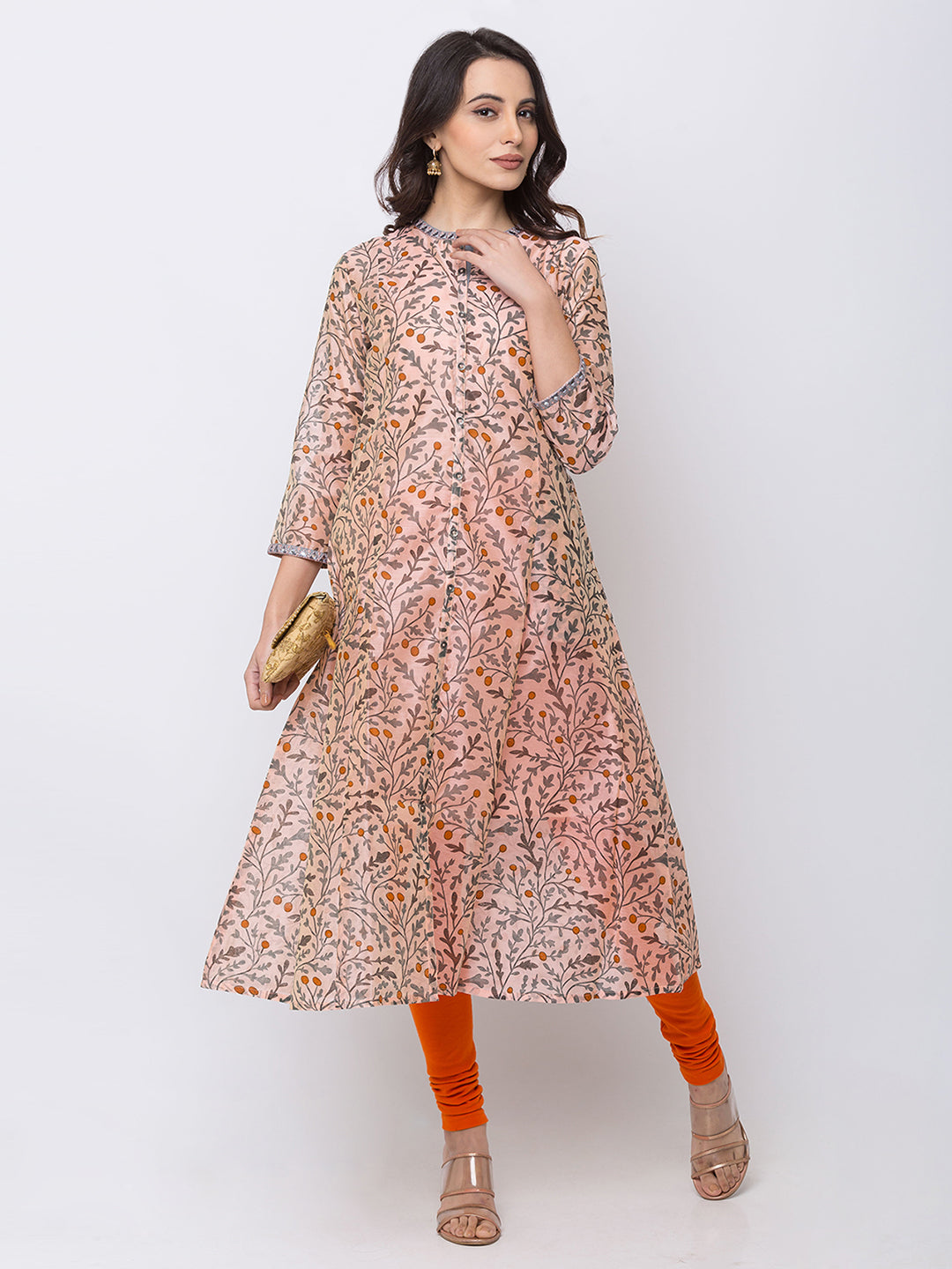 Ethnicity Silky Floral Peach A Line Kurta Tunic Button-Down Dress