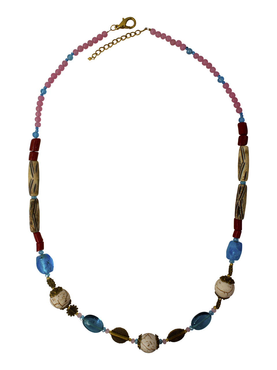 Ivory Tag Cracked White Stone and Carved Bead Necklace