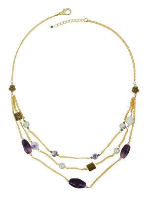 Ivory Tag Purple Stone and Floral Beaded Necklace