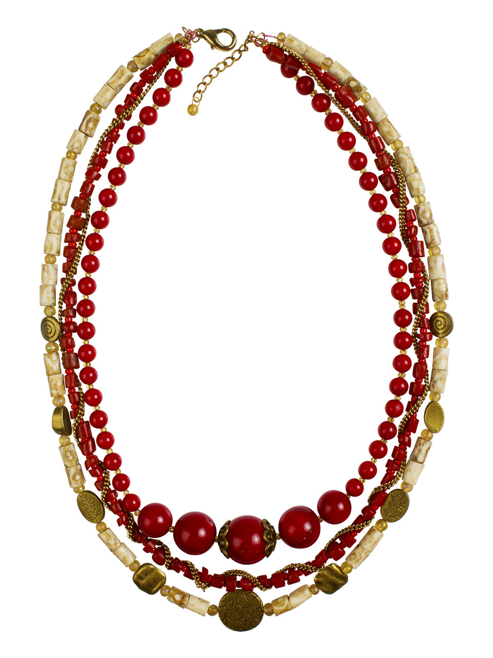 Ivory Tag 3-Strand Red Stone Necklace with Gold Accents