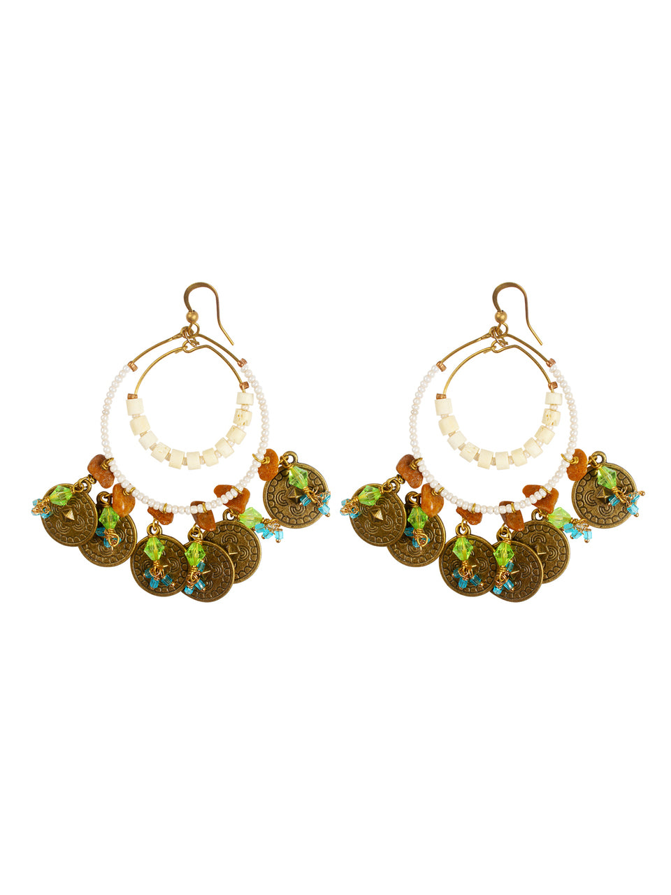 Ivory Tag Hoop Earrings with Dangling Gold Disks and Beads