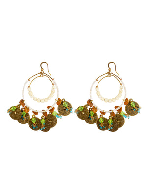 Ivory Tag Hoop Earrings with Dangling Gold Disks and Beads