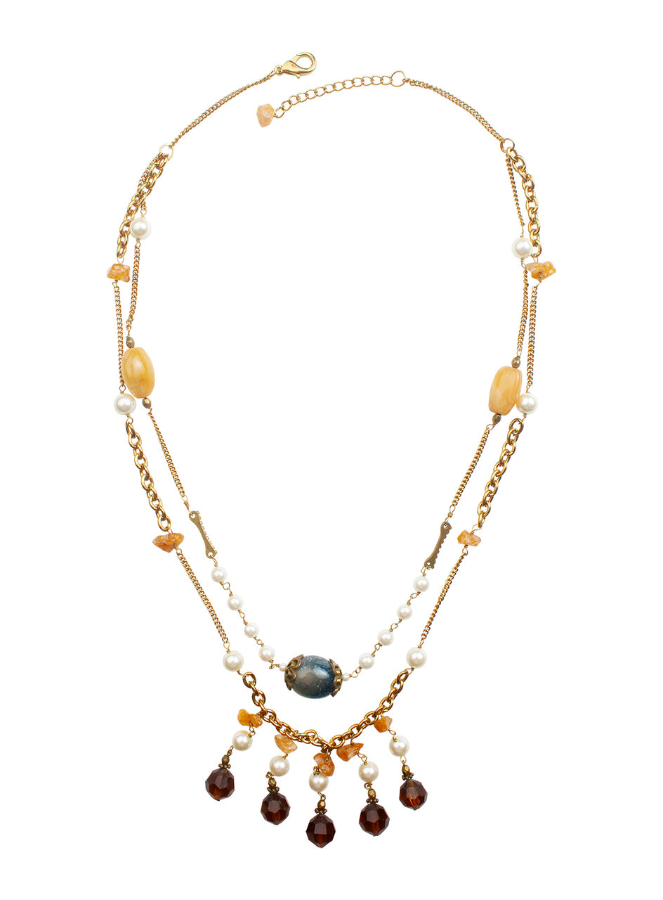 Ivory Tag Blue Stone Necklace with Dangling Purple Beads