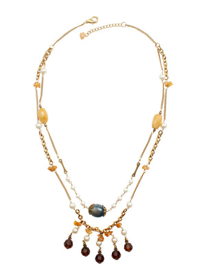 Ivory Tag Blue Stone Necklace with Dangling Purple Beads