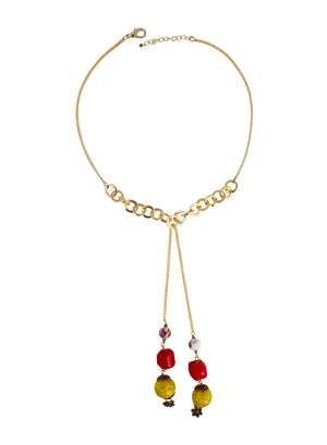 Ivory Tag Dangling Floral and Cracked Yellow Stone Necklace