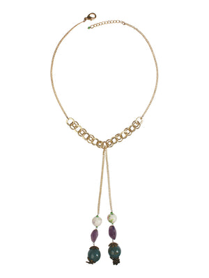 Ivory Tag Dangling Floral and Blue Stone Necklace