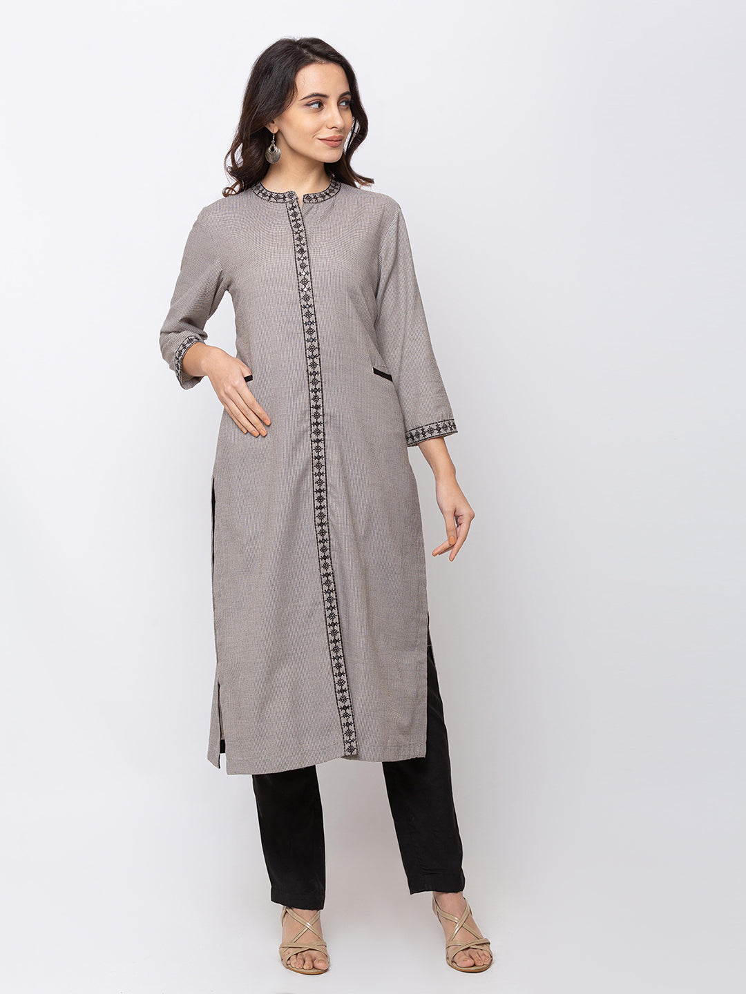 Ethnicity Grey and Black Checkered Button-Down Kurta Tunic Cotton Dress with Pockets
