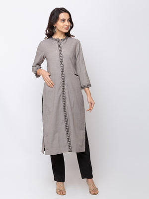 Ethnicity Grey and Black Checkered Button-Down Kurta Tunic Cotton Dress with Pockets