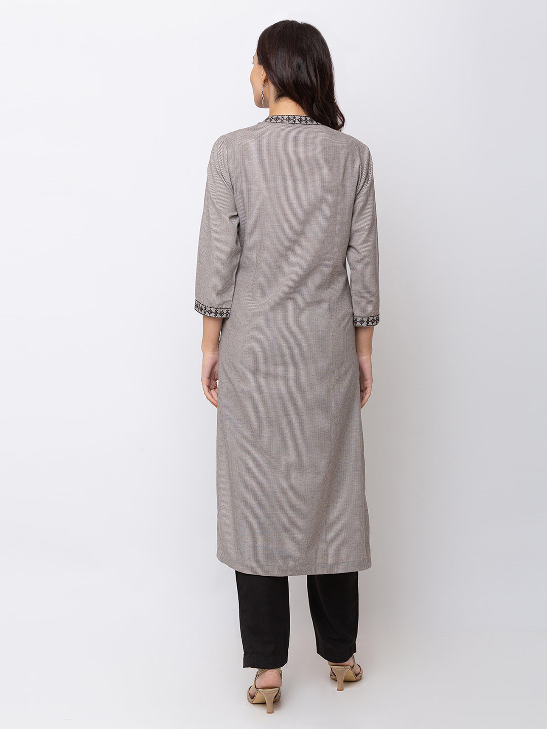 Ethnicity Grey and Black Checkered Button-Down Kurta Tunic Cotton Dress with Pockets