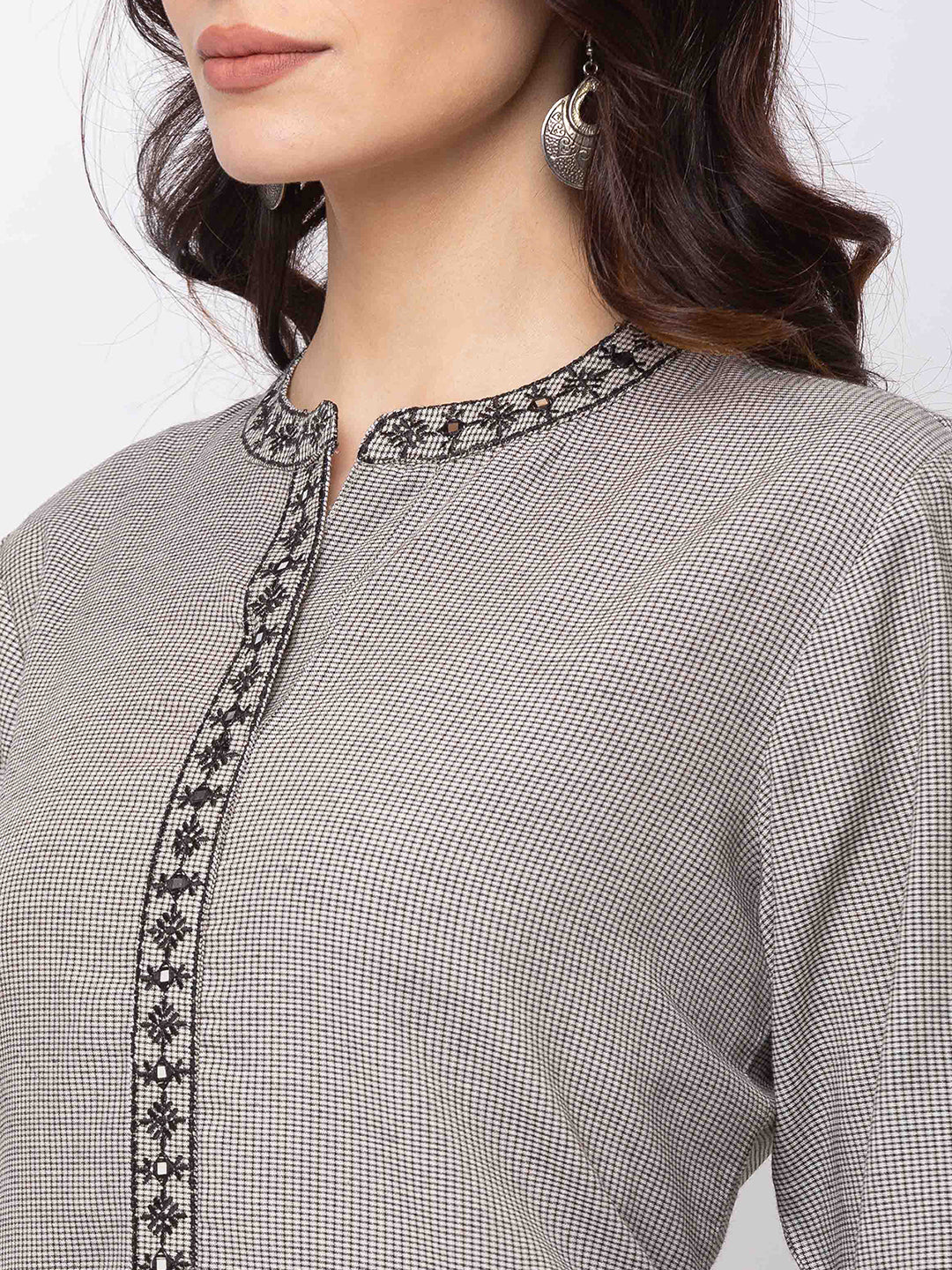 Ethnicity Grey and Black Checkered Button-Down Kurta Tunic Cotton Dress with Pockets