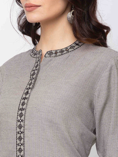 Ethnicity Grey and Black Checkered Button-Down Kurta Tunic Cotton Dress with Pockets