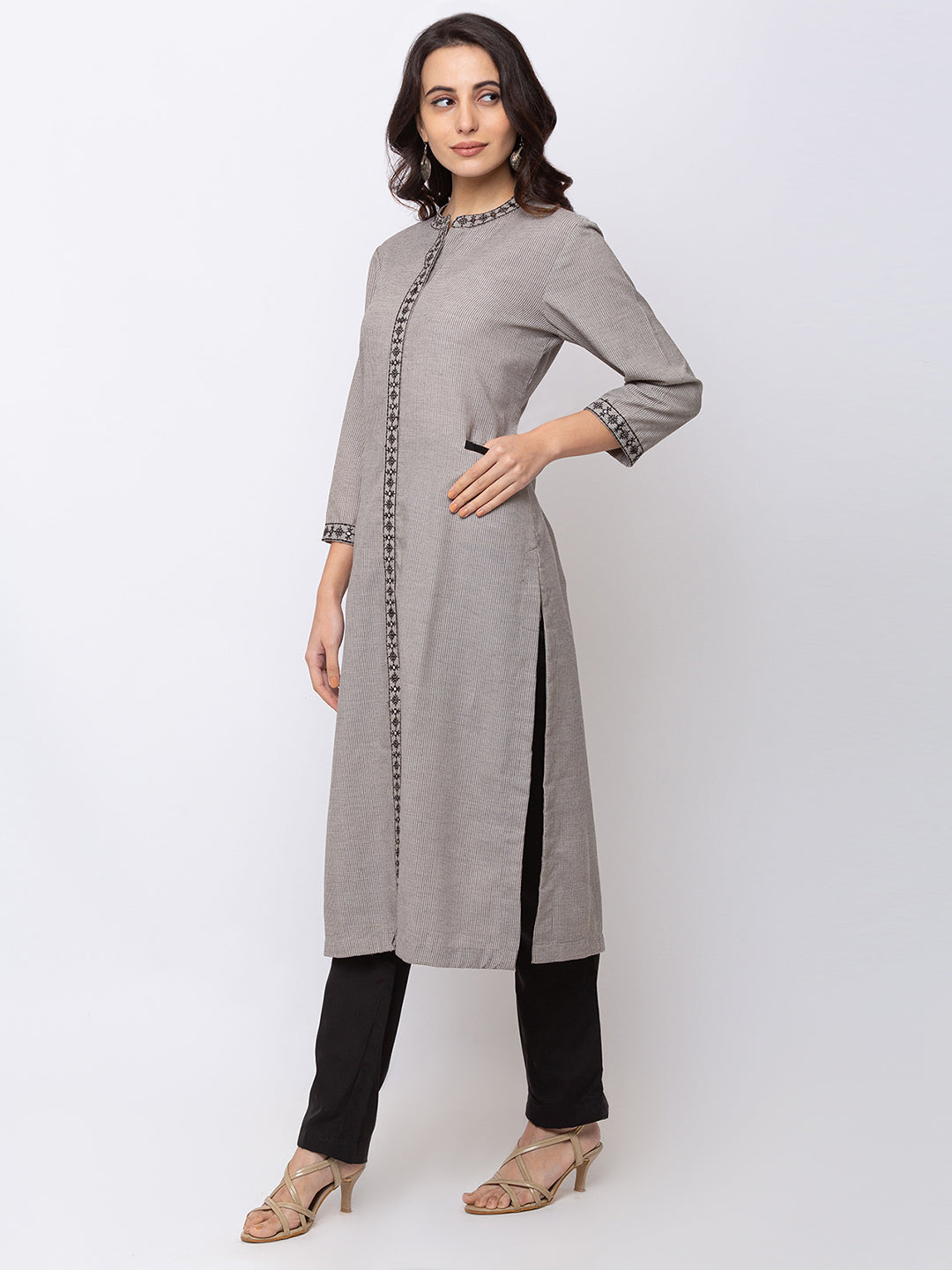 Ethnicity Grey and Black Checkered Button-Down Kurta Tunic Cotton Dress with Pockets