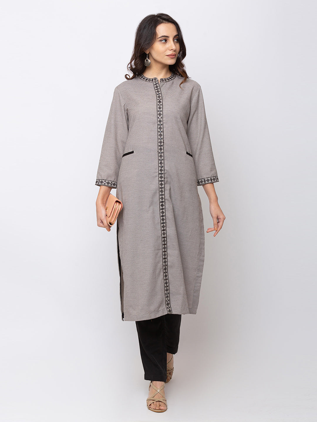 Ethnicity Grey and Black Checkered Button-Down Kurta Tunic Cotton Dress with Pockets