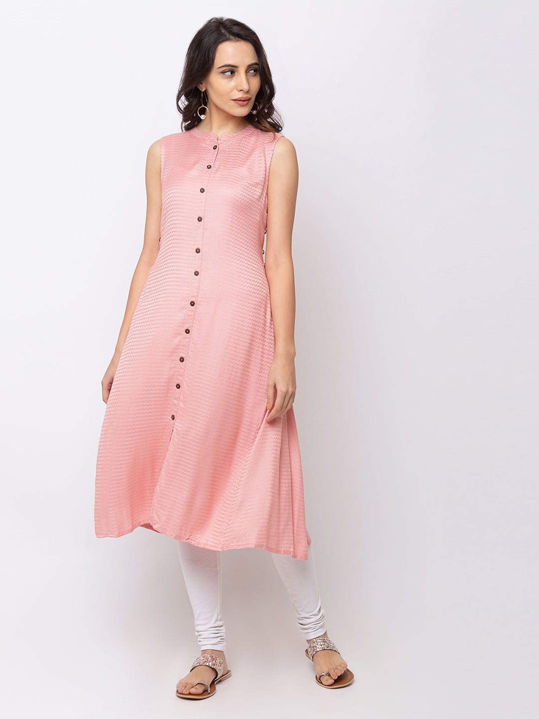 Ethnicity Metallic Pink Sleeveless Button Down Kurta Tunic Dress