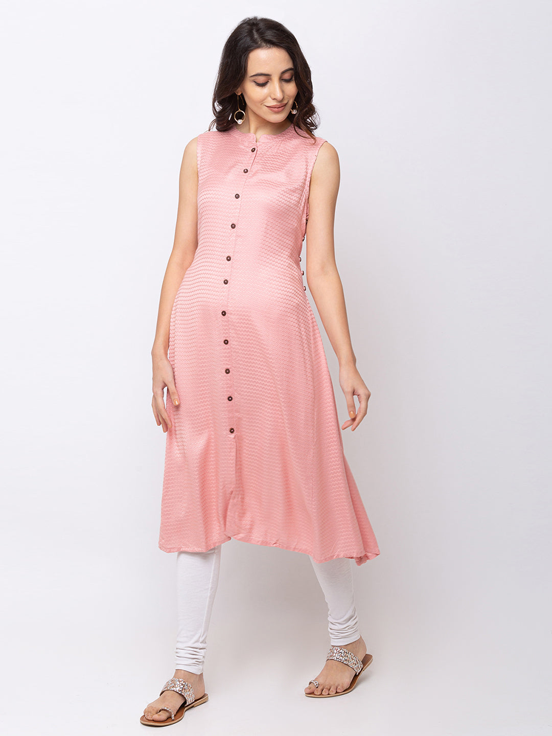 Ethnicity Metallic Pink Sleeveless Button Down Kurta Tunic Dress