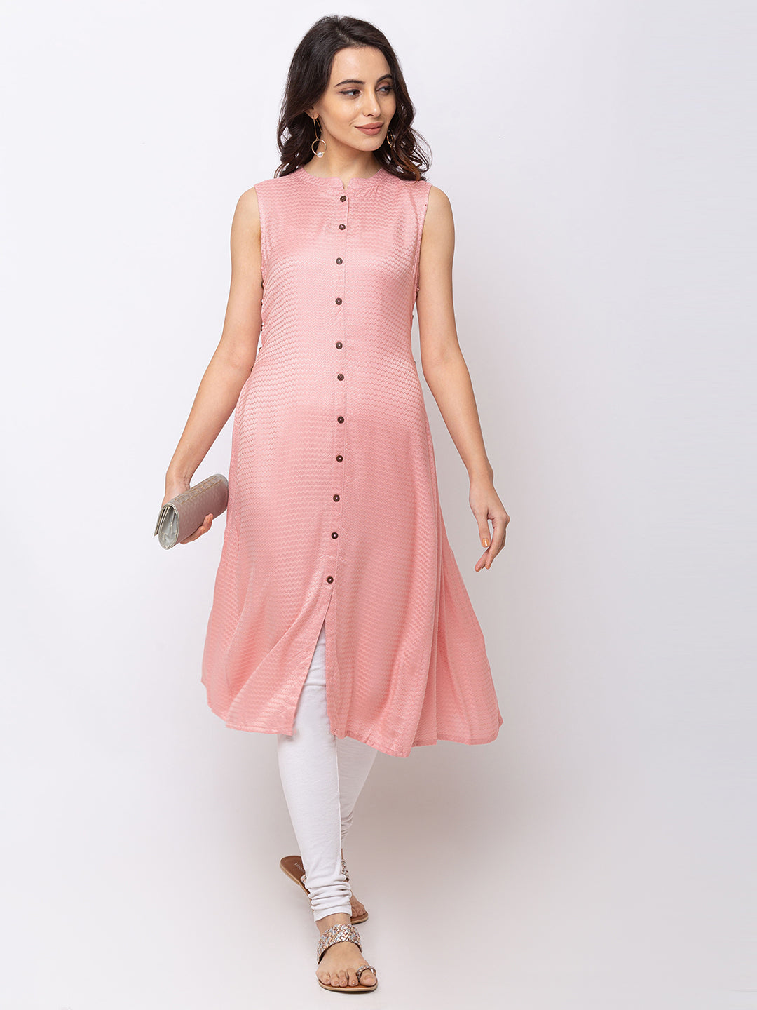 Ethnicity Metallic Pink Sleeveless Button Down Kurta Tunic Dress