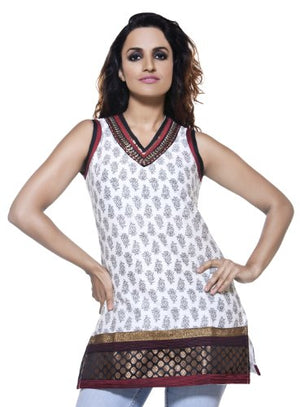 æWomens Indian Ethnic Sleeveless Embroidered Kurta Tunic Off White