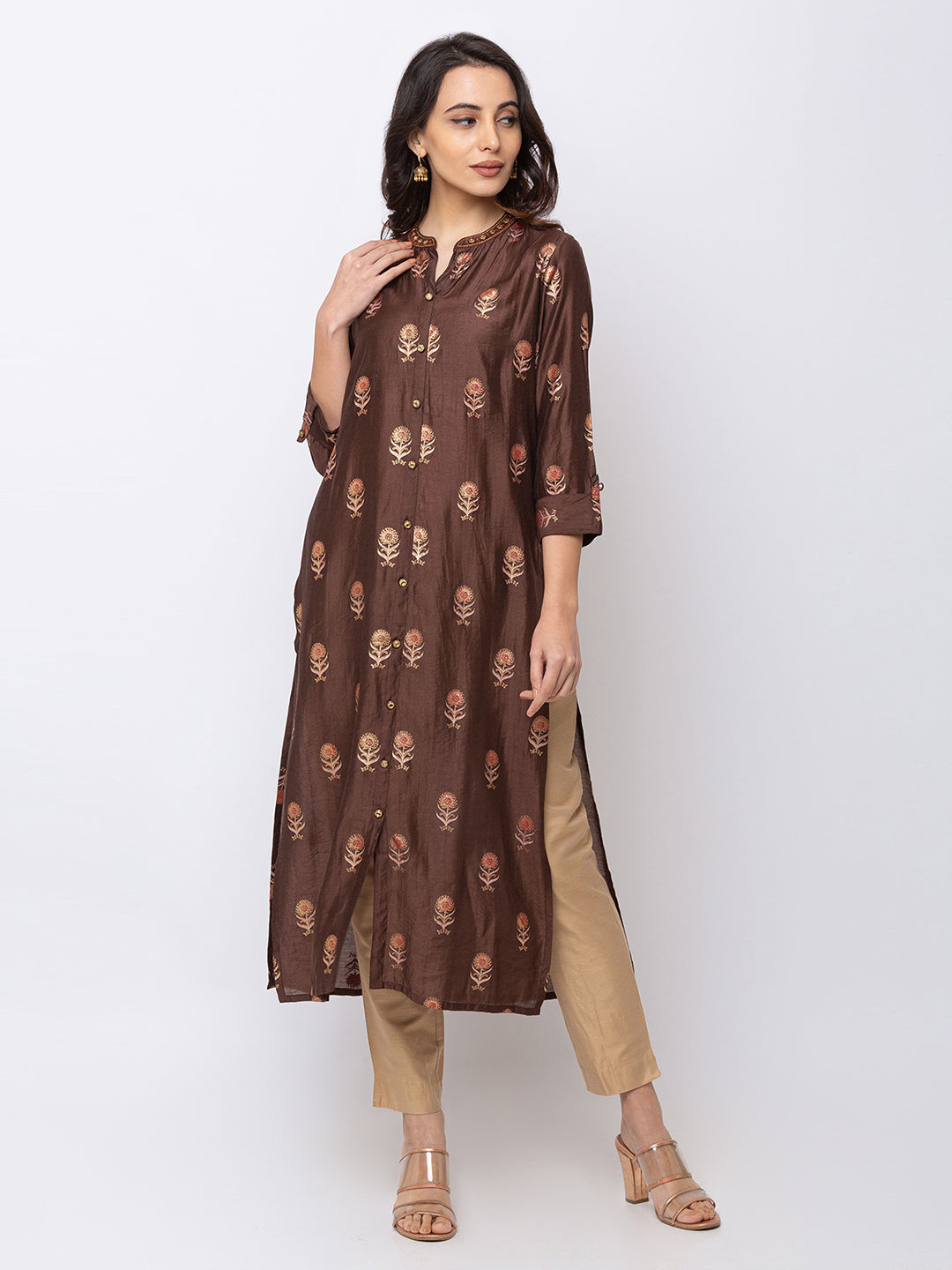 Ethnicity Brown Long Women's Button Up Kurta Tunic Dress with Embroidery