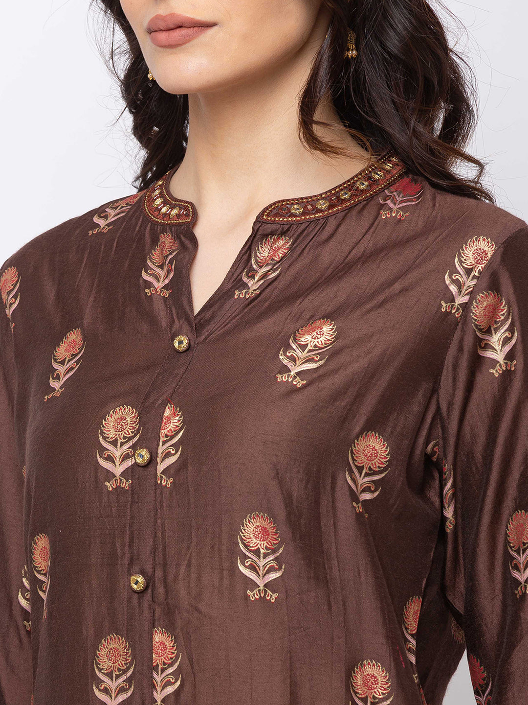 Ethnicity Brown Long Women's Button Up Kurta Tunic Dress with Embroidery