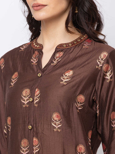 Ethnicity Brown Long Women's Button Up Kurta Tunic Dress with Embroidery