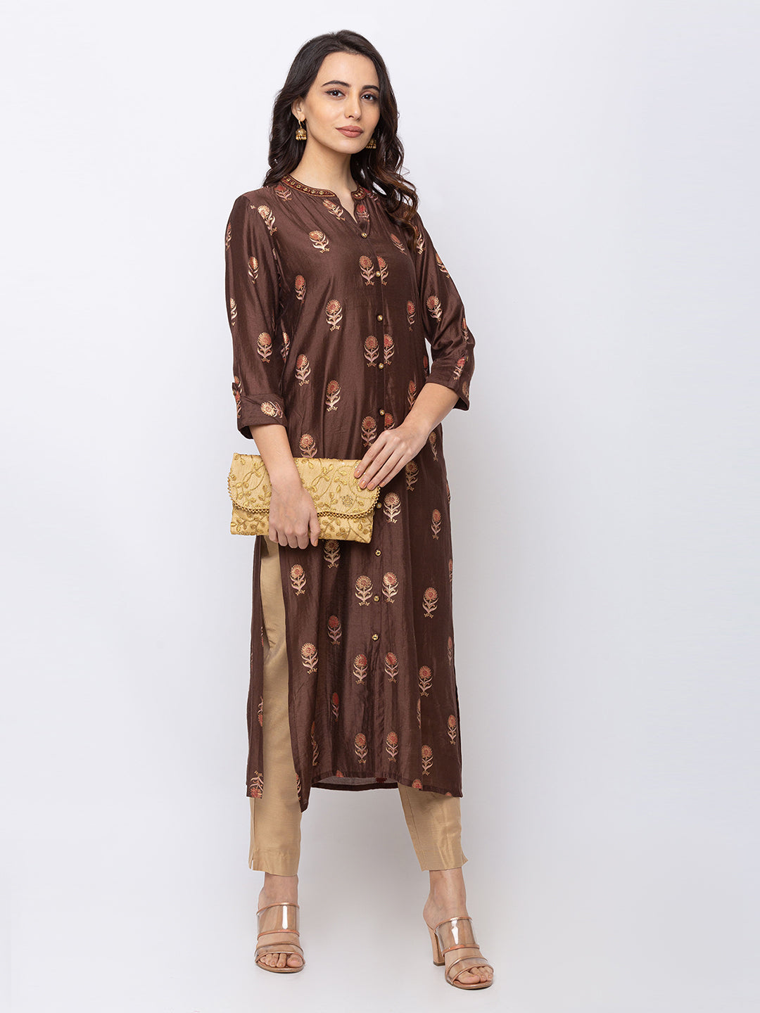 Ethnicity Brown Long Women's Button Up Kurta Tunic Dress with Embroidery