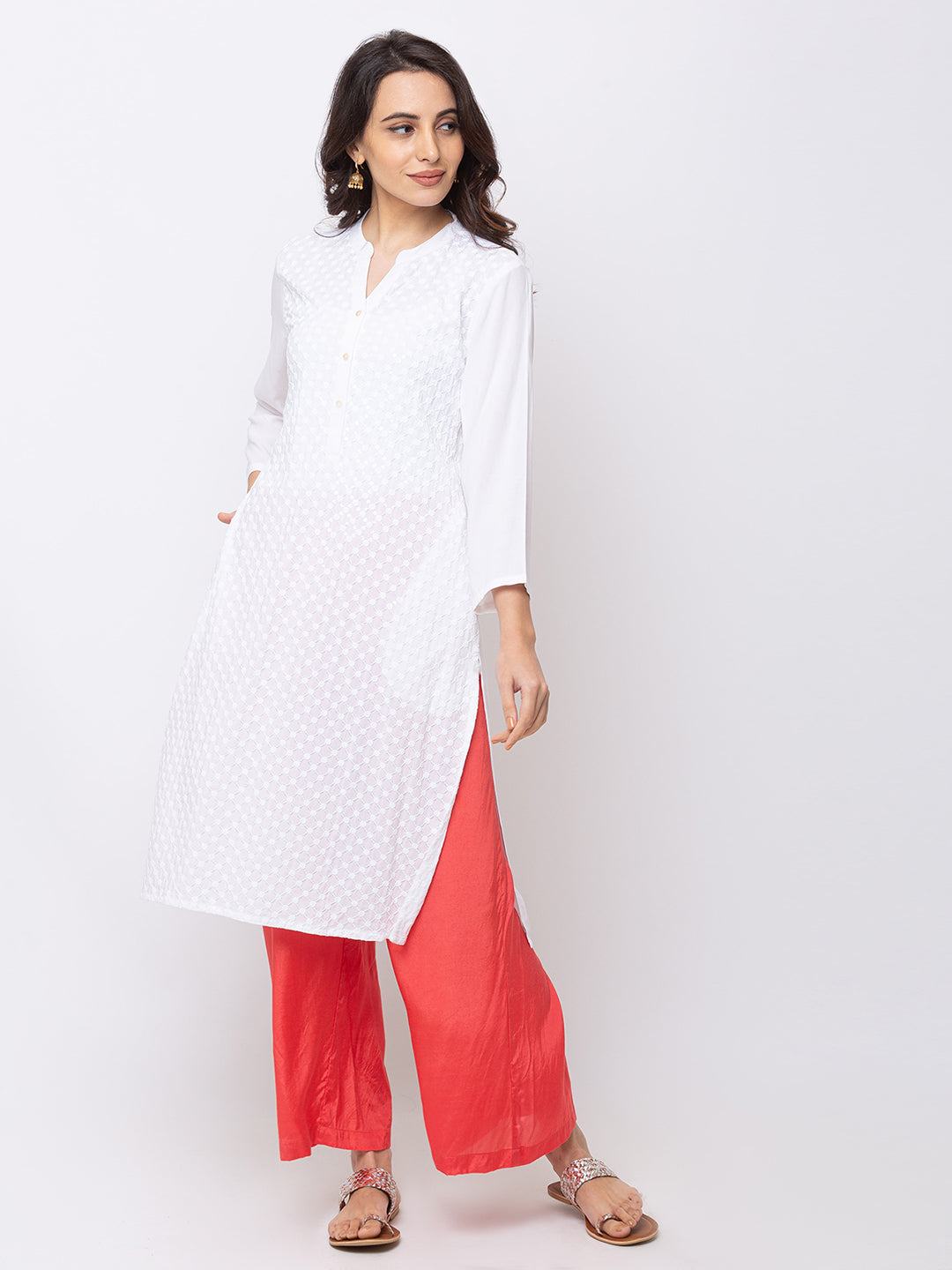 Ethnicity White Straight Kurta Tunic High Embroidery with Pockets
