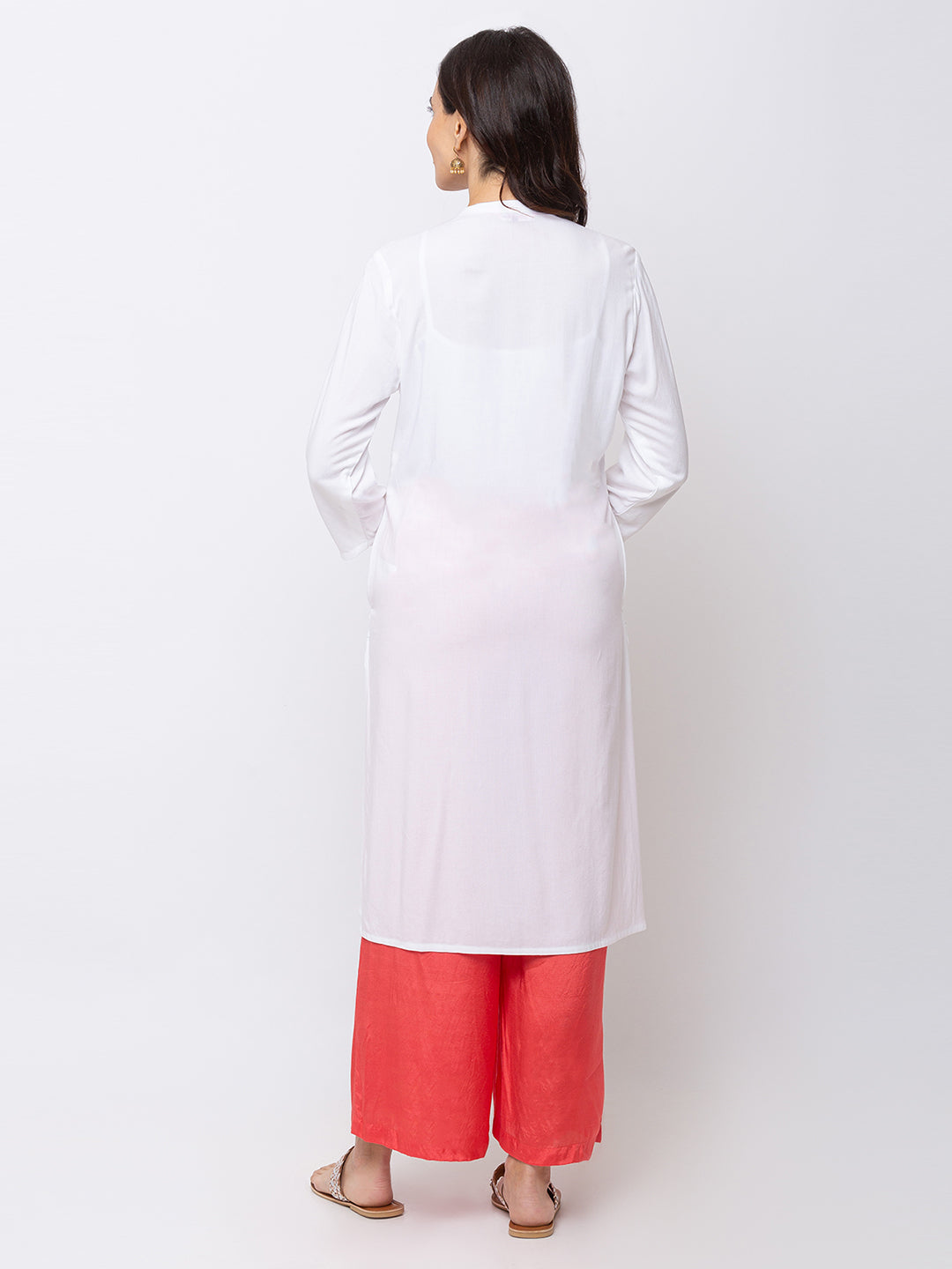 Ethnicity White Straight Kurta Tunic High Embroidery with Pockets