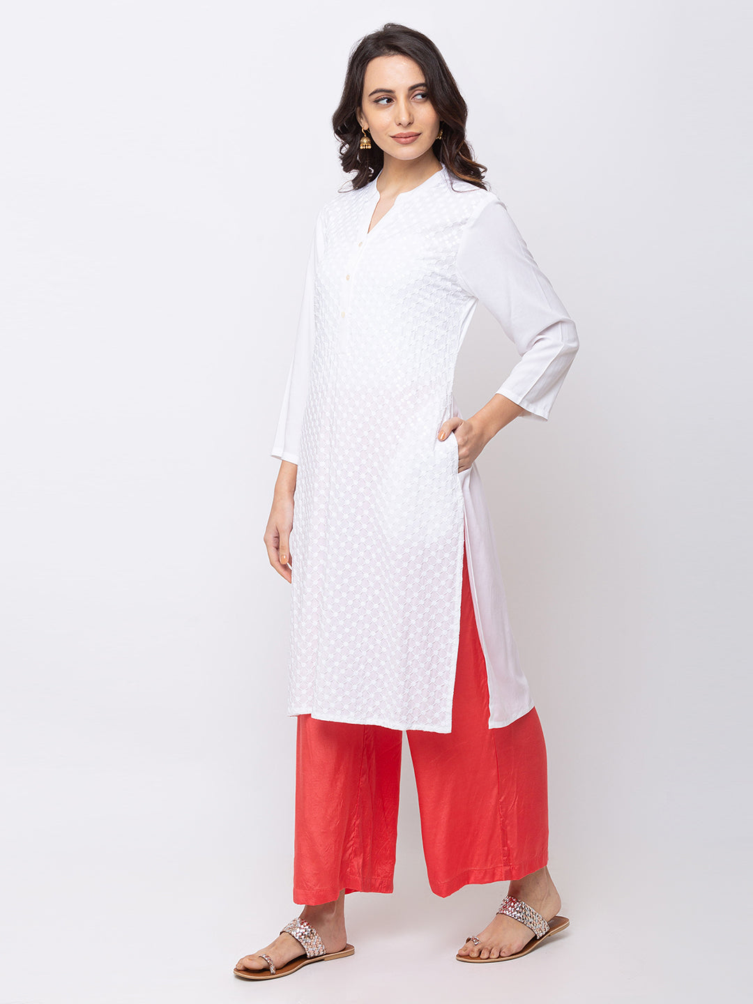 Ethnicity White Straight Kurta Tunic High Embroidery with Pockets