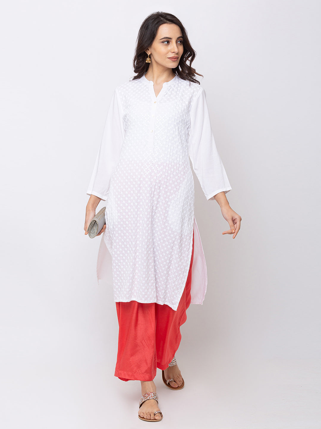 Ethnicity White Straight Kurta Tunic High Embroidery with Pockets