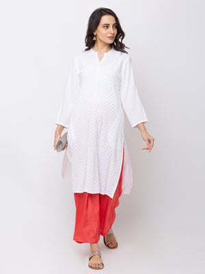 Ethnicity White Straight Kurta Tunic High Embroidery with Pockets