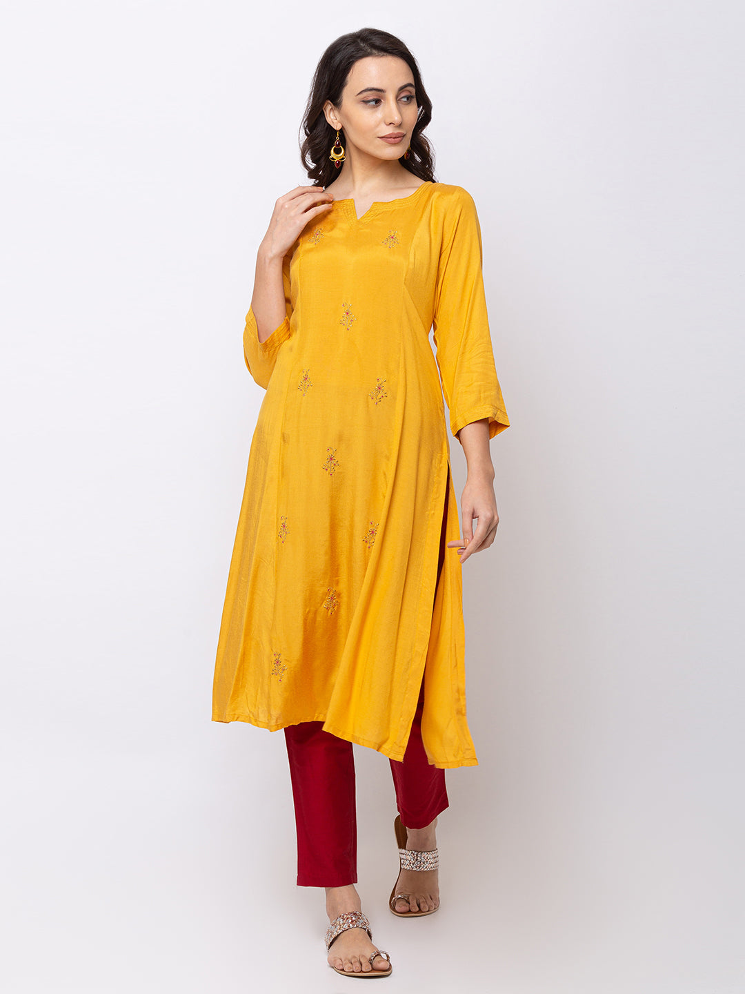 Ethnicity Mustard Yellow Straight Long Kurta Tunic with Embroidery