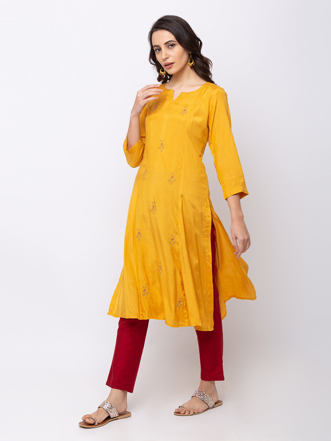 Ethnicity Mustard Yellow Straight Long Kurta Tunic with Embroidery