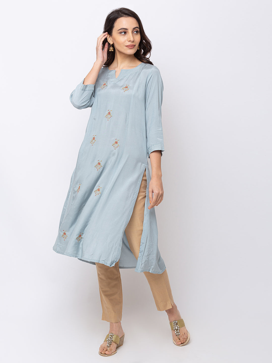 Ethnicity Grey Pastel Blue Straight Long Kurta Tunic with Embroidery